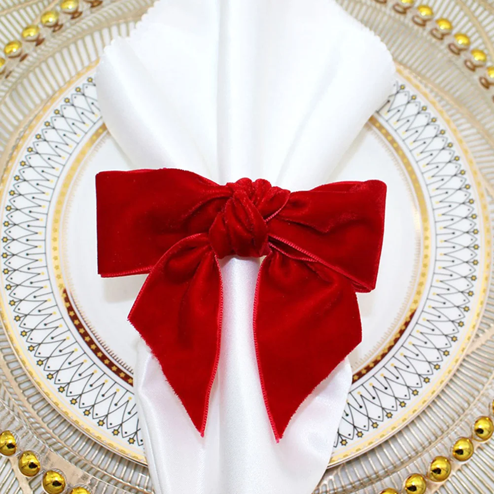 

6pcs Rings Red Flannel Bowknot Shape Table Decor Serviette Clasp Dining Ornament Napkin Rings Festival Accessories