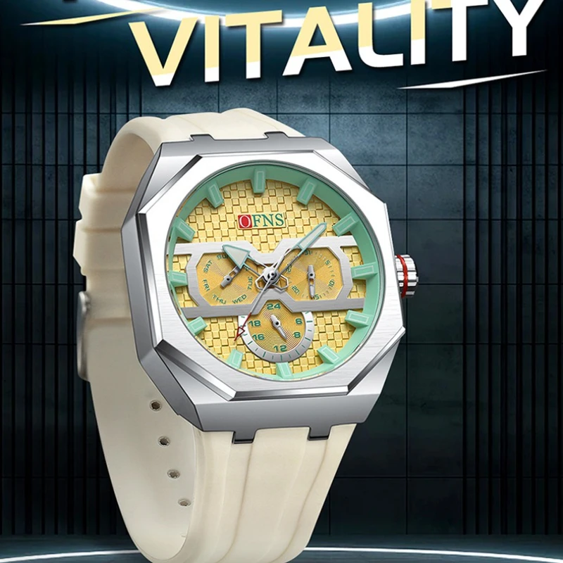 OFNS 8023 موضة العلامة التجارية ساعة كوارتز رجالية بسيطة ثلاثة عين ستة إبرة عصرية مقاوم للماء ساعات عادية للرجل reloj hombre