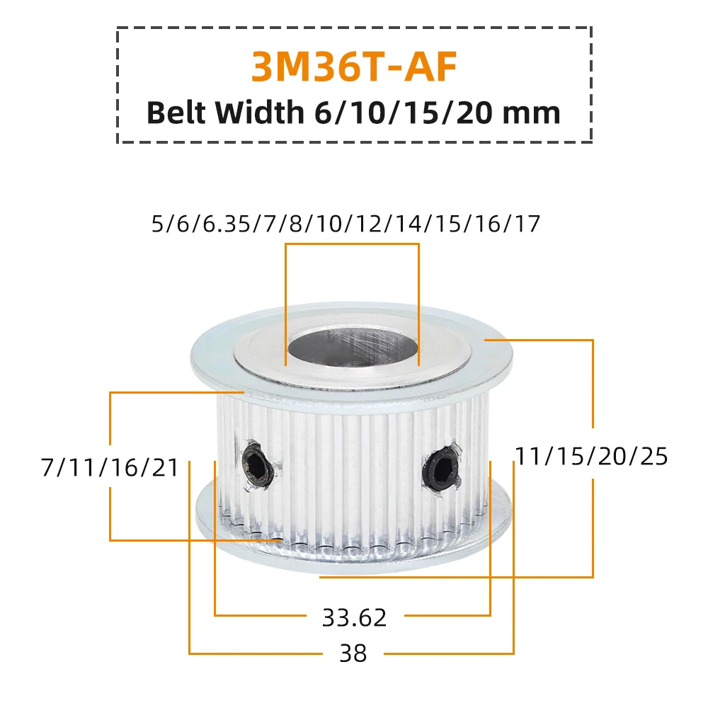 36Teeth Aluminum Pulley 3M 36T Circle-arc Teeth Bore 5-26 mm Motor Pulley Pitch 3 mm Rubber Belt Width 6/10/15/20 mm HTD3M 36T