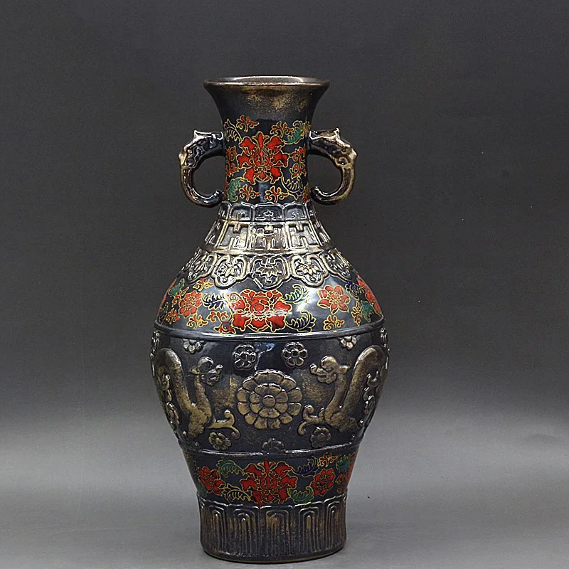 Chinesische Vase aus Bronze, geschnitzter Doppeldrache, mit Phandlesls Plus-Farbe, Doppelgriffe, Flaschentischvase aus der Mitte des Jahrhunderts