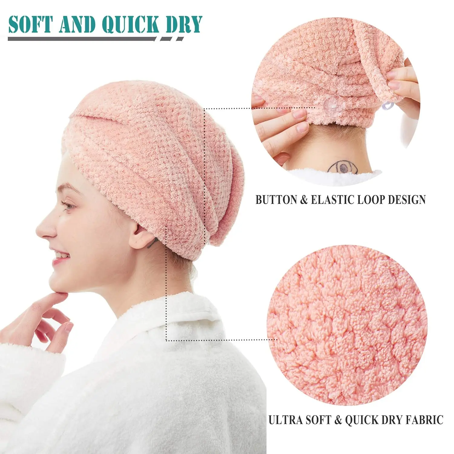 Solid Color Hair Turban Textured dry hair cap 9.8 inch X 25.5 inch Super Absorbent Hair Towel Wrap for Women with Button