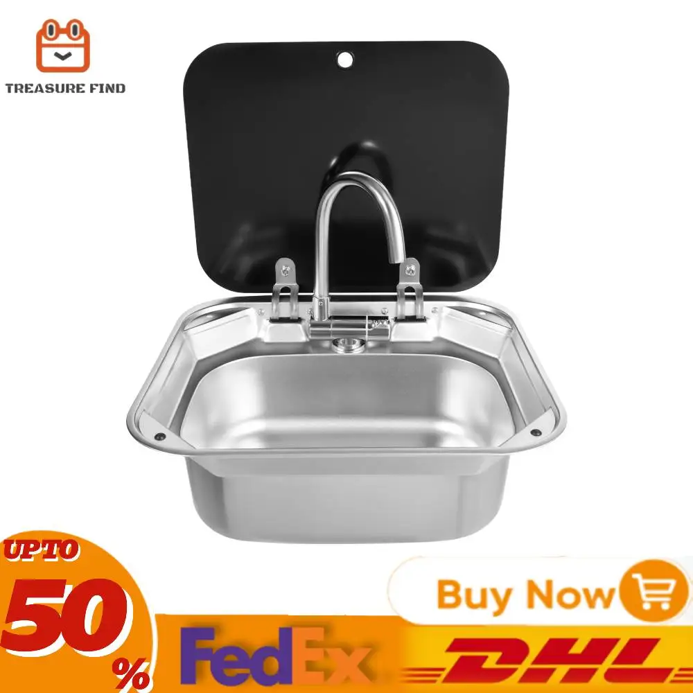 Tempered Glass RV Sink Stainless Steel Build Foldable Faucet Compact Design Stylish Look Deep Basin Home RV Decoration Utility