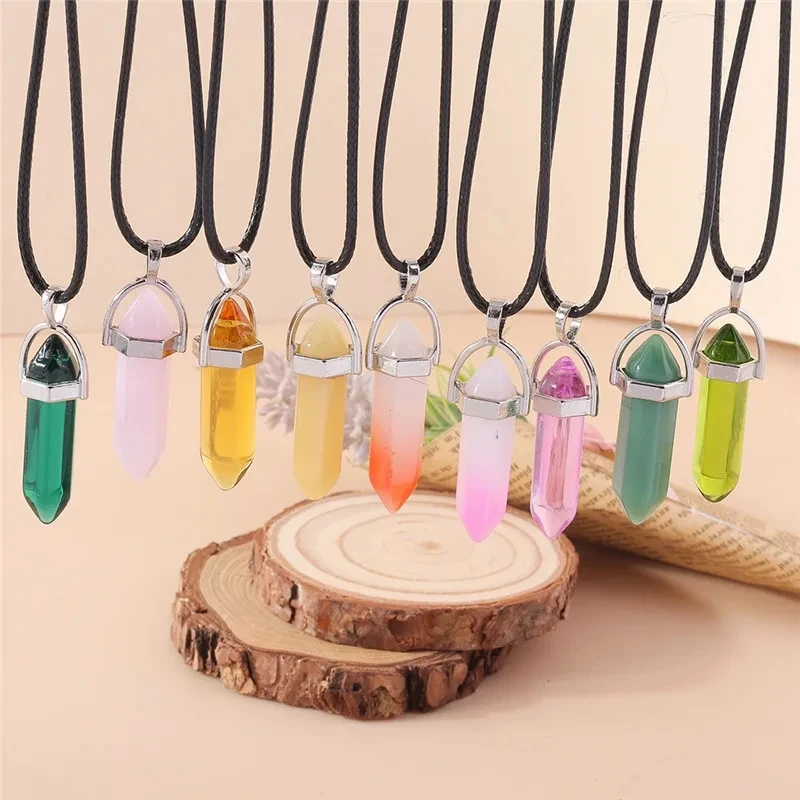 Natural Stone Necklace Quartz Opal Amethyst Pink Crystal Pendants Necklace for Women Girls Leather Chain Jewelry Gifts