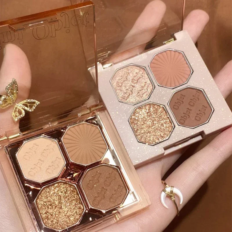 Four-Color Eyeshadow Palette Chocolate Brown Daily Bright Shiny Matte Earth Tones Eye Shadow Waterproof Glitter Shimmer Cosmetic