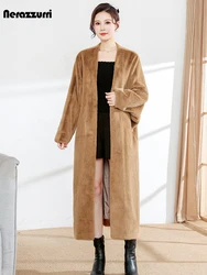 Nerazzurri Autumn Winter Long Warm Soft Fluffy Faux Mink Fur Cocoon Coat Women Sashes V Neck Luxury Elegant Chic Furry Cardigan