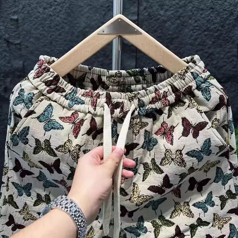 2024 Butterfly Popular Jacquard Shorts Men\'s Summer Casual and Breathable Knee Length Pants Lovers Wild Straight Beach Pants