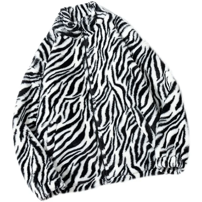 YASUGUOJI Fashion Zebra Pattern Stand Collar Loose Winter Jacket Men 2024 Japanese Streetwear Casual Warm Faux Fur Coat for Men