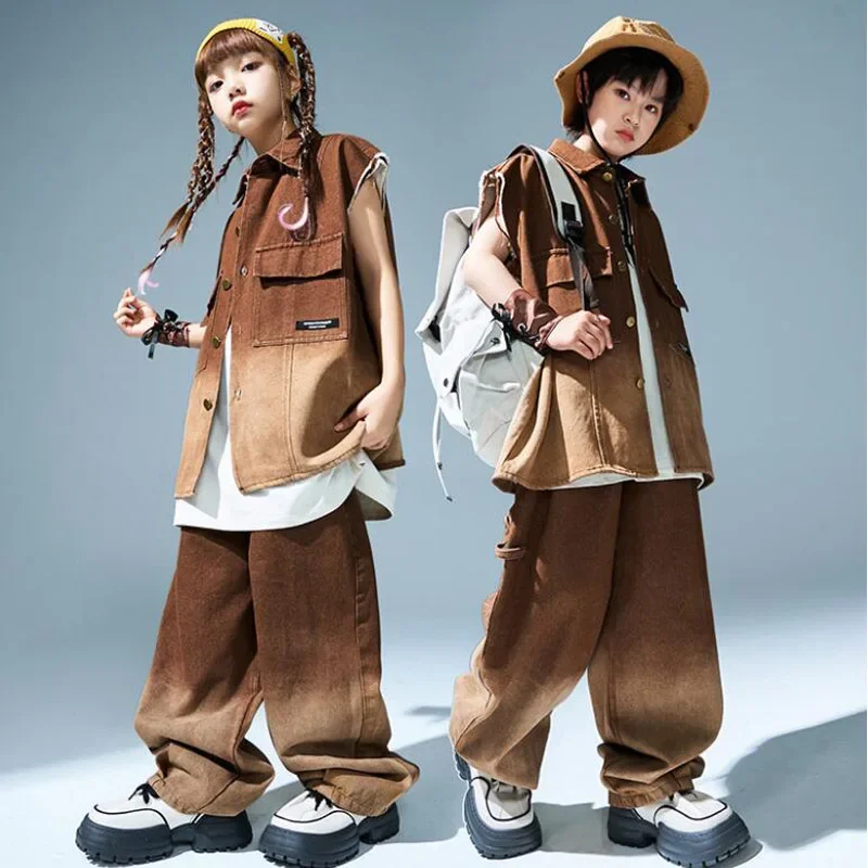 Showing Cool Tee Street Dance Child Jazz Costumes Boys Hip Hop Brown T-shirt Girls Loose Print Cargo Shorts Clothes Sets Kids