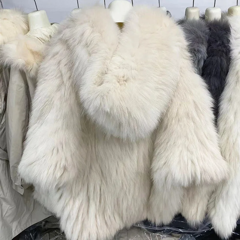 2024 Haining fur double-sided woven fox fur coat, women's hooded big white bear, young encrypted fur coat