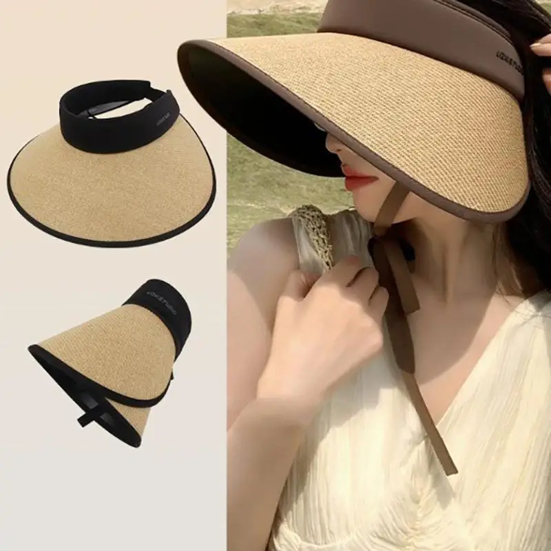 Summer Women's Big Brim Vinyl Empty Top Hat Foldable Riding Shade Surround Hat S