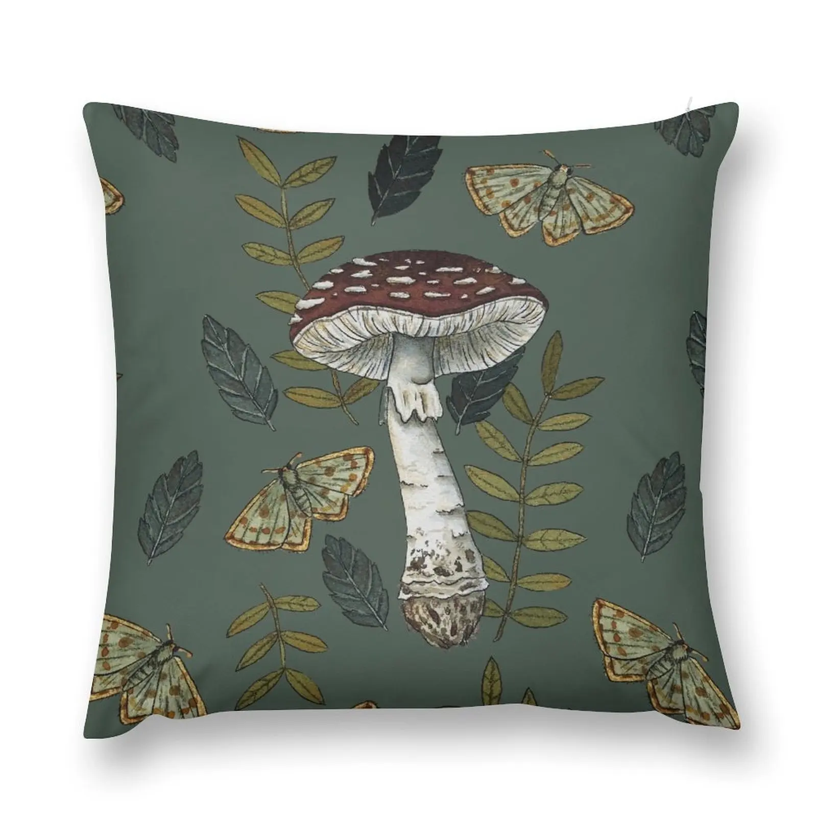 

Amanita Muscaria with moths and leaves botanical illustration Throw Pillow Sofas Covers Pillowcase pillow