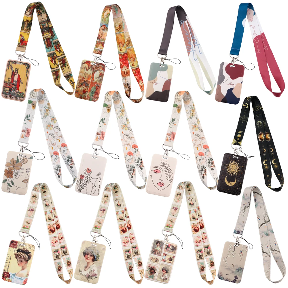 YQ991 Minimalist Art Key Lanyard Badge Holder Tarot ID Card Case Neck Strap Phone Strap Vintage Stamps Keychain Lariat Jewelry