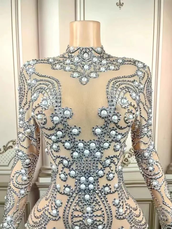 

Sexy Rhinestone Pearls Long Sleeves Mesh Dress Transparent Dancer Performance Birthday Clothing