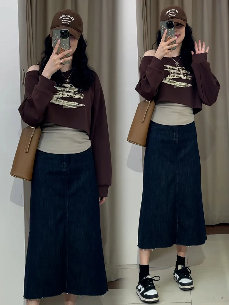 Conjunto de Faion único para mujer, sudadera ter Ne, falda larga, Sve, cintura alta, mezcla de algodón y poliéster, principios de otoño