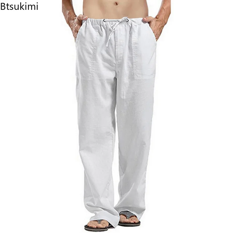 

New 2024 Men's Casual Cotton Linen Pants Solid Pockets Large Size Home Trousers Pants Male Long Tube Men's Loose Trousers S-5XL