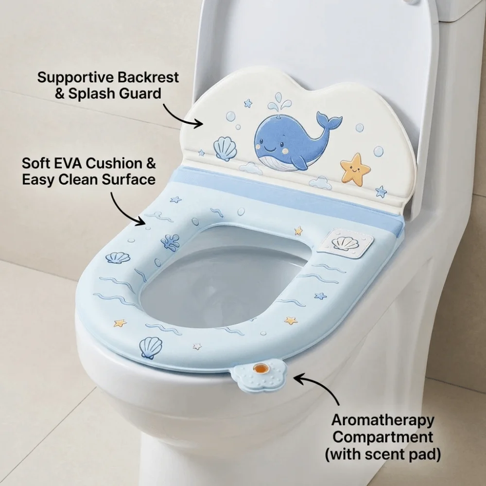 Cartoon Toilet Seat Protector with backrest Waterproof Toilet Seat Mat Soft Self-adhesive Toilet Seat Cushion Bathroom