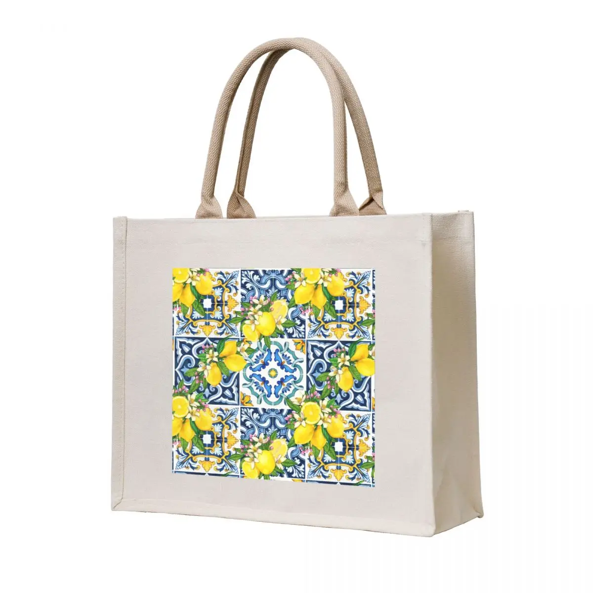 

Bright Mediterranean Sicilian Tiles with Citrus Lemons Tote Bag canvas tote shopping bags foldable custom tote bag