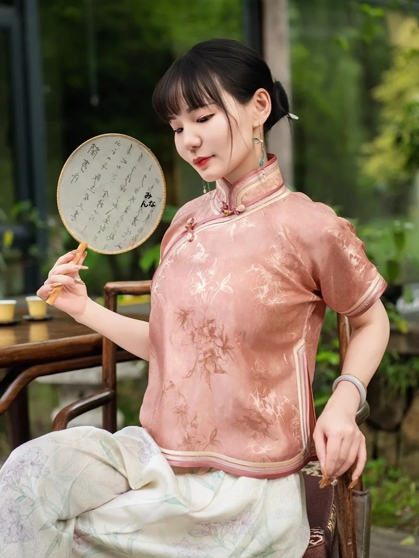 

Warm een Silk Embroidered Top Women's Summer Chinese Sle Heavyweight Silk ort Sve irt Traditional Tang Co...
