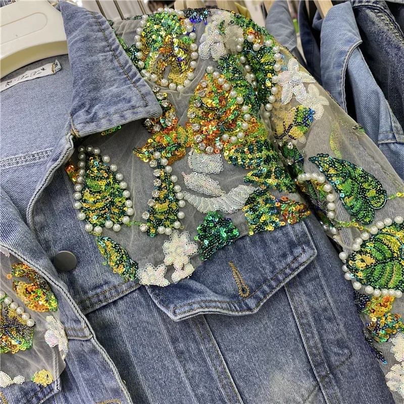 ストリートヴィンテージブルーデニムジャケット春 2025 ファッションビーズダイヤモンドカラースパンコール花女性カジュアル原宿ジーンズジャケット