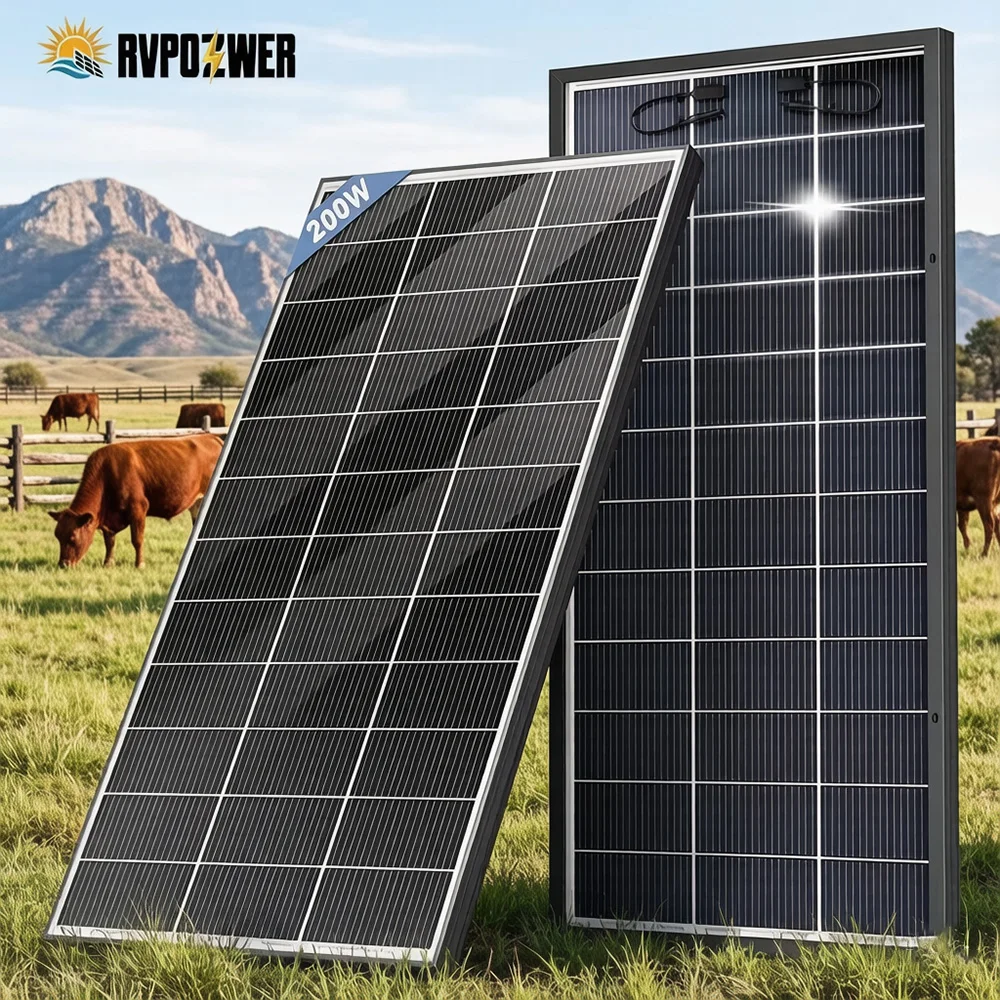 RVPOZWER Bifacial Solar Panel 16BB N-Type Mono Cells High-Efficiency PV Power for Home Rooftop Off-Grid Outdoor Camping Farm 200W/400W/800W