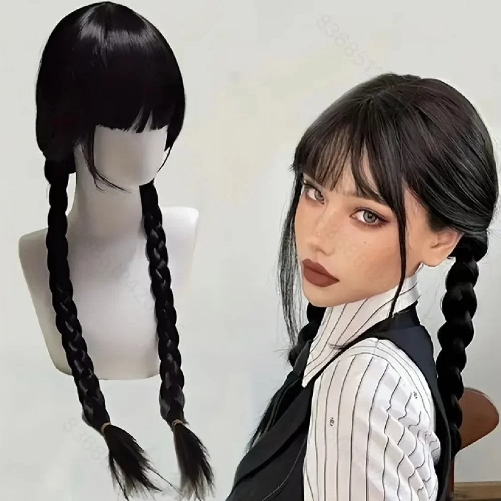 

THe Adams Family Wednesday Cosplay Synthetic Wig Y2k Girl Black Double Braid ponytail Full Head Cover Wig Props