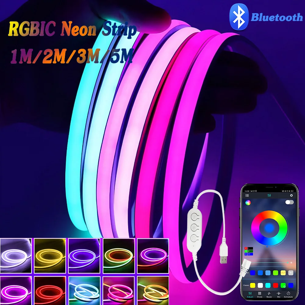 

1m/2m/3m/RGBIC Bluetooth Neon Led Strip Lights 5V Neon Strip Light Waterproof Flexible Ribbon Led Tape for Room Wall Decor Strip