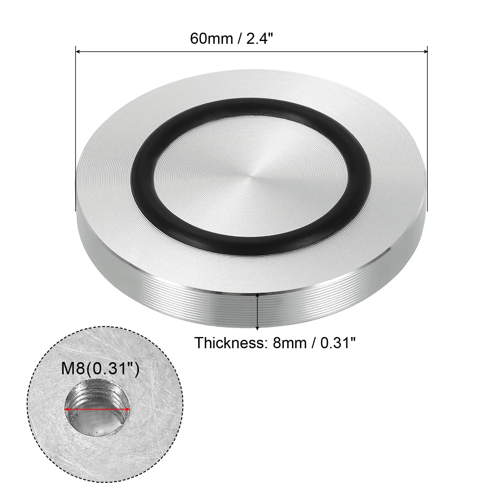 4pcs 40/50/60mm Dia Aluminum Circle Disc Glass Top Adapter M8 Round Table Feet Pad Plate Hardware with Anti-Slip Rubber Ring