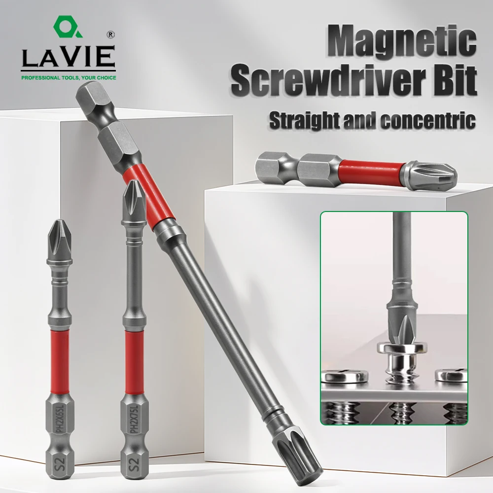 LAVIE PH2 Impact Screwdriver Bit S2 Steel 1/4" Hex Shank 50/75/100/150mm Cross Bit With Red Ring For Wood Screws
