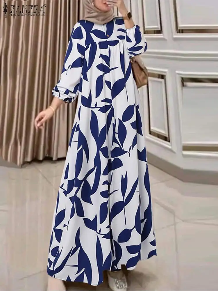 ZANZEA Autumn Floral Print Muslim Dress Fashion Women Long Sleeve Loose Dubai Turkey Abaya Sundress Robe Femme Islamic Clothing