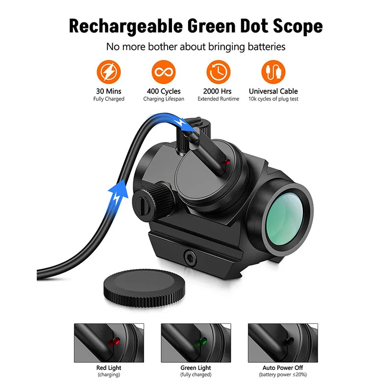 Rechargeable Green Dot Sight Motion Awake 3 MOA Dot 1x21mm Optics Co Witness Riser Low Profile 20mm Picatinny  Mount IPX7