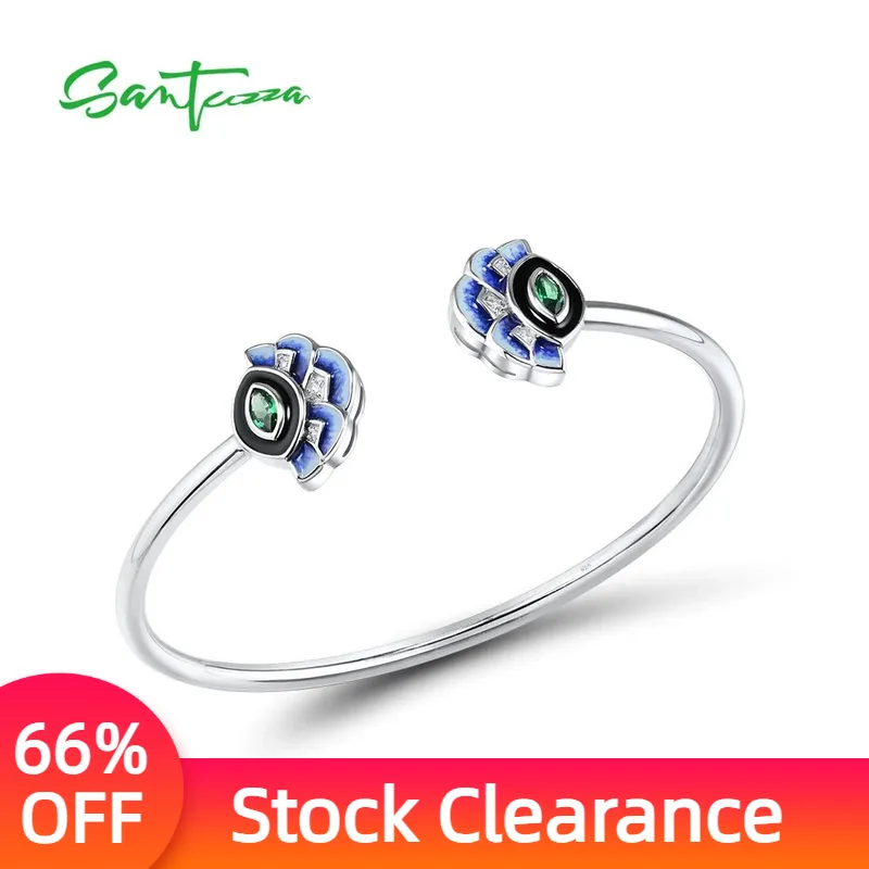 SANTUZZA Genuine 925 Sterling Silver Opened Bangle For Women Delicate Blue Fan Shape Enamel Wedding Gift Fashion Fine Jewelry