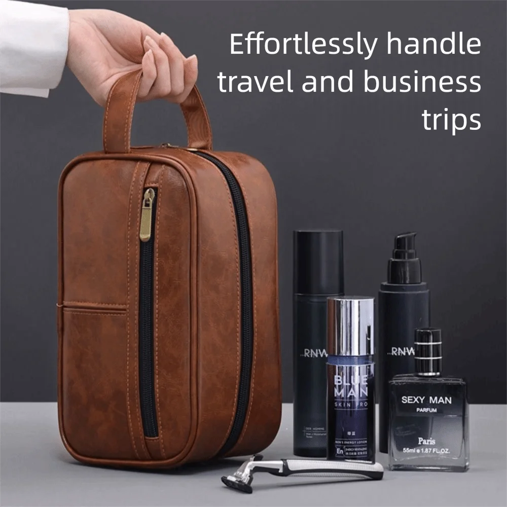 

Портативная мужская кожаная сумка в стиле ретро с несколькими карманами, ручная дорожная сумка для туалетных принадлежностей, большая вместительная косметичка на молнии для дома