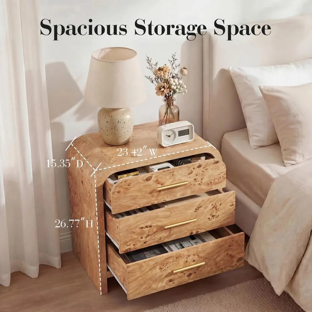 3 Drawer Nightstand with Curved Profile, Wooden Bedside Table, 24 Inch Height, Metal Handle