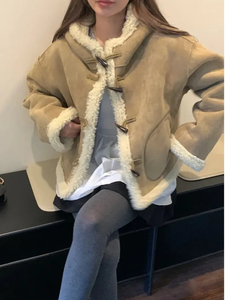 Sli مكافحة الشيخوخة القرن زرر الجلود الفراء Inteated مقنعين Jaet ort Thiened المرأة الملابس القطنية العصرية #5