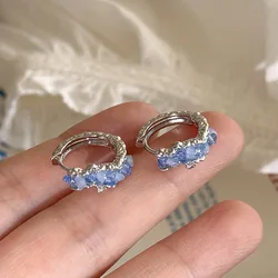 New 925 Sterling Silver Hoop Earrings Clip Blue Stone Irregular Geometric For Women Girl Gift Jewelry Dropshipping Wholesale