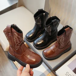 Embroidery Girls Cowboy Boots PU Leather Round Toe Zip Kids Mid Calf Short Shoes PU Leather Solid Children Fashion kids Boots