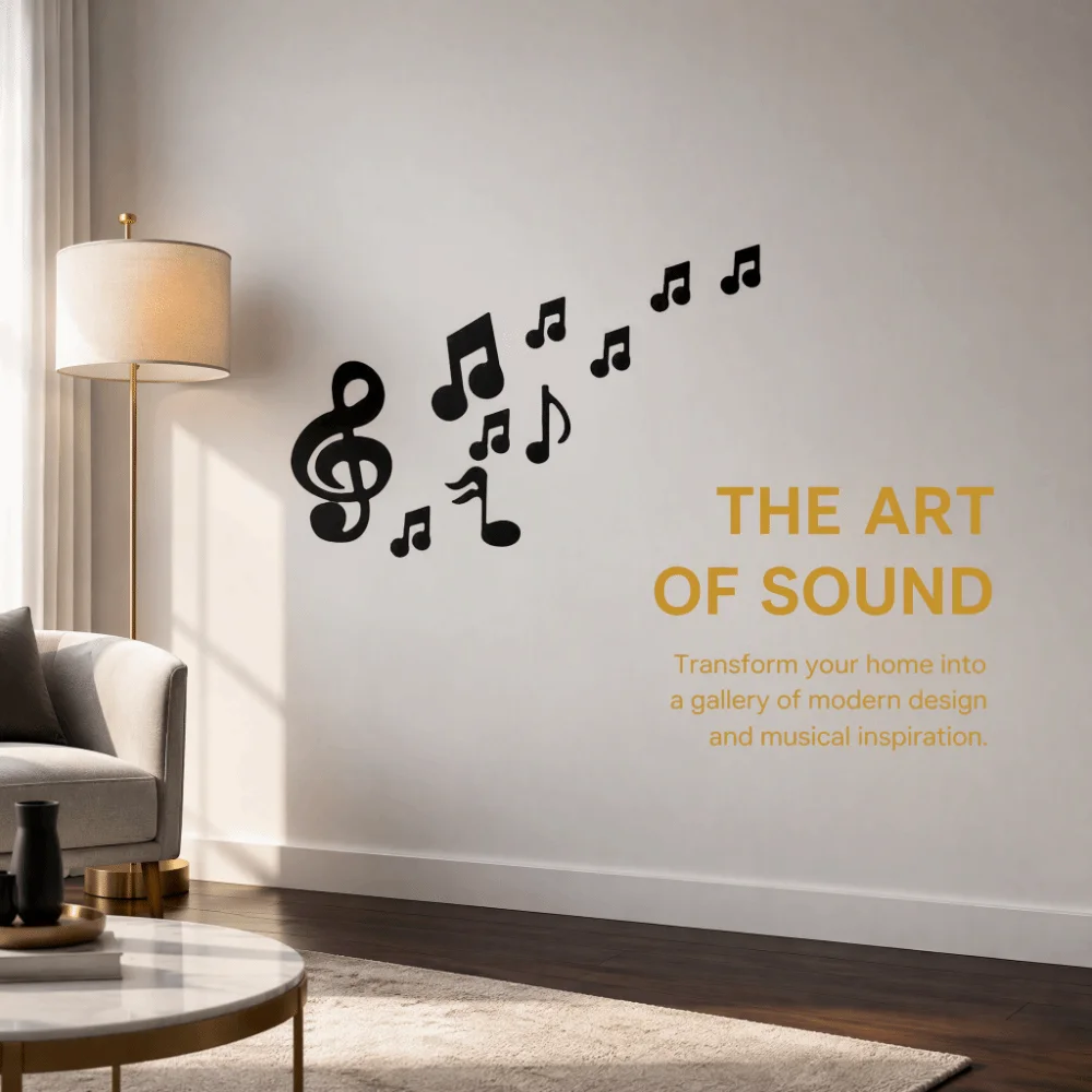 Removable Finish Music Note Wall Sticker 3D Look Embossed Texture Mirror Wall Sticker Mirror Finish Silver Color Wall Art Decal