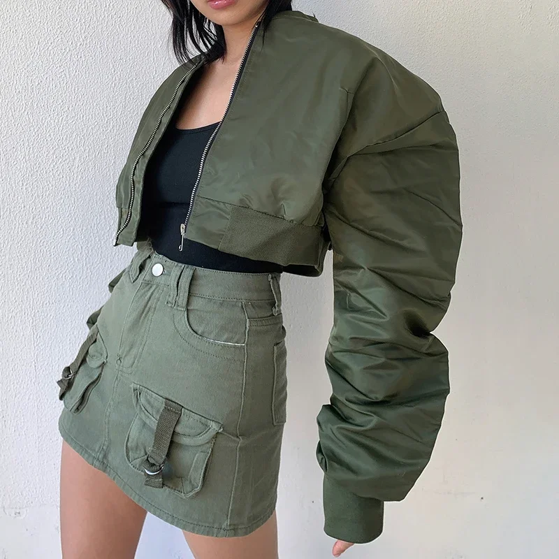 High Waisted Cropped Flight Jacket Women Spring Autumn Long Sleeved Folds Zipper Outerwear Casual Loose-fit Bomber Jackets Coat