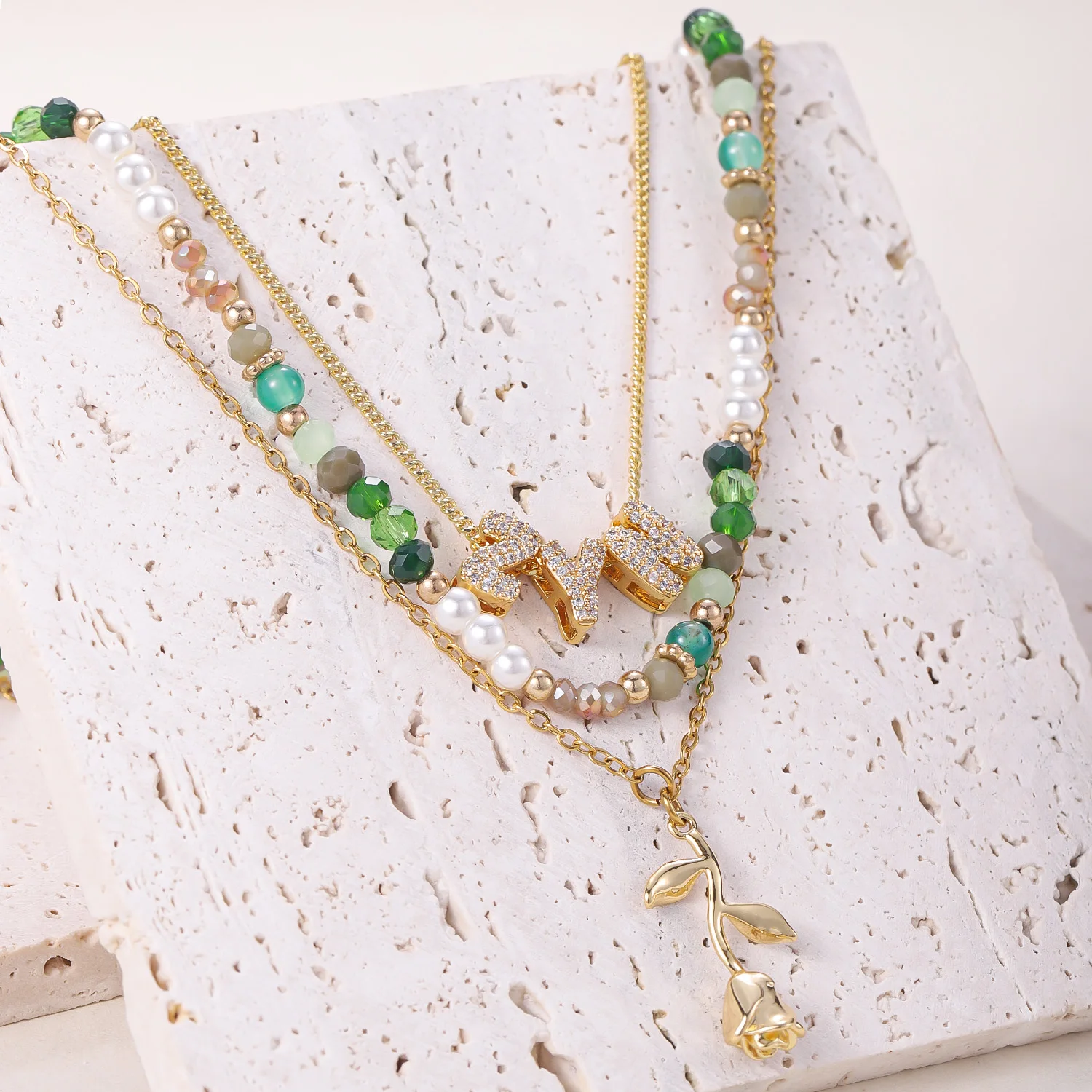 

Custom Zircon Bubble Letter Necklace Multi Layer Green Pearl Stackable Gold Chain Rose Pendant Stainless Steel for Girls Gift
