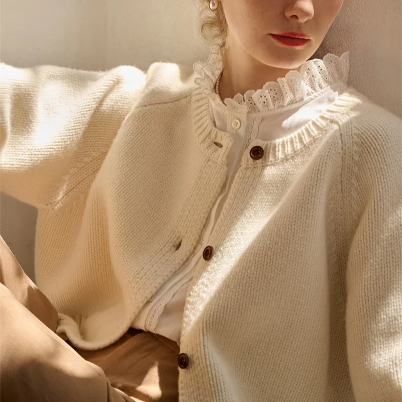 

Zjaiss Women Simple Solid Color O-Neck Sweater Basic Knitted Cardigan Autumn Winter 2025 Retro Metal Button Women's Sweater