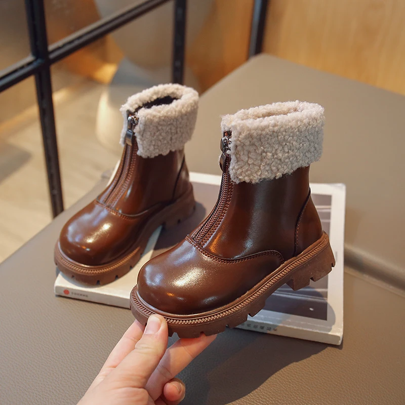 

Outdoor Girls Classic Cotton Boots Thick Bottom Kids Winter Plush Boots Causal Non-slip Children Warm Ankle Boots Front Zipper