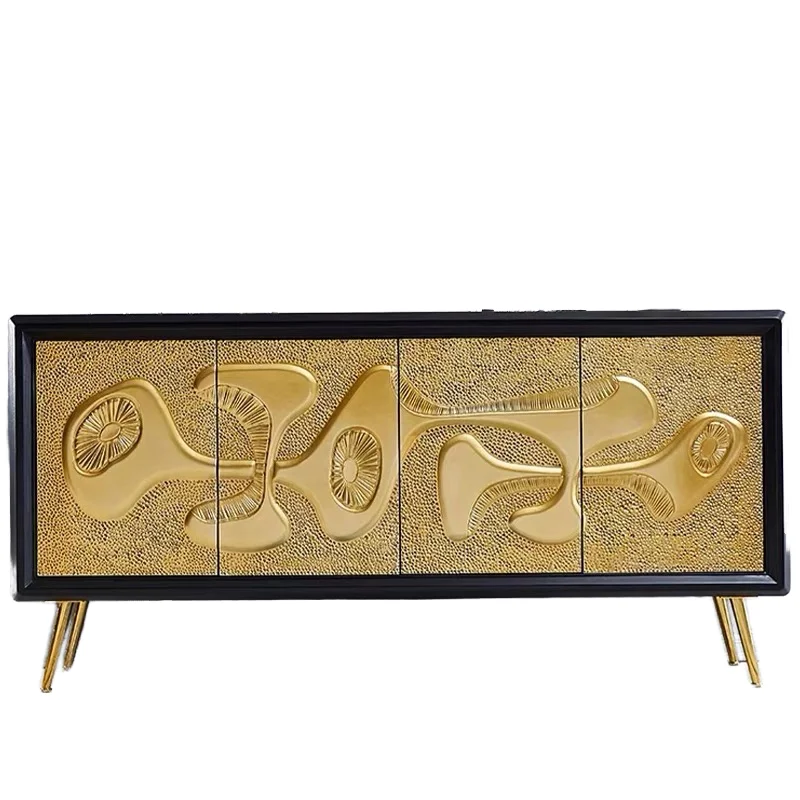 Modern Wooden Cabinet Credenza with Metal Legs Textured Brass Doors 4 Drawers 4 Compartments Dining Living Room Furniture