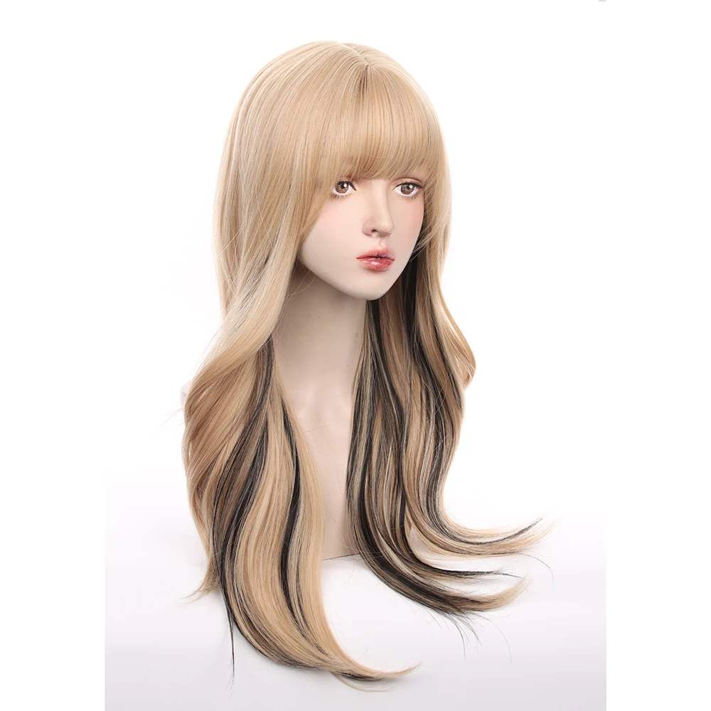 Parrucca Lolita da donna con botto lungo ondulato biondo Ombre nero sintetico resistente al calore per uso quotidiano di feste cosplay
