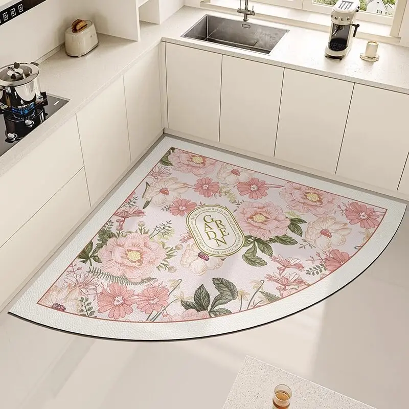 Fan-shaped kitchen floor mat, diatom mud corner kitchen carpet, dirt-resistant, water-absorbing, non-slip and oil-proof foot mat