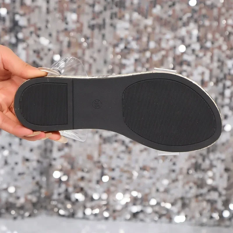 รองเท้าแตะสตรี 2025 ฤดูร้อนทุกวันเปิดนิ้วเท้ารองเท้าแตะผู้หญิง Rhinestones SLIP บนรอบ Toe แบนรองเท้า PLUS ขนาดหญิงรองเท้า