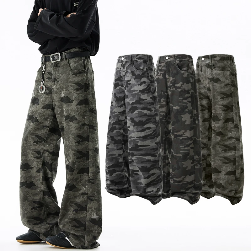 Men's Camo Baggy Cargo Jeans Bootcut Pants Work Loose Fit Streetwear Trousers Vintage Wash Wide Leg High Street Flared Jeans Man