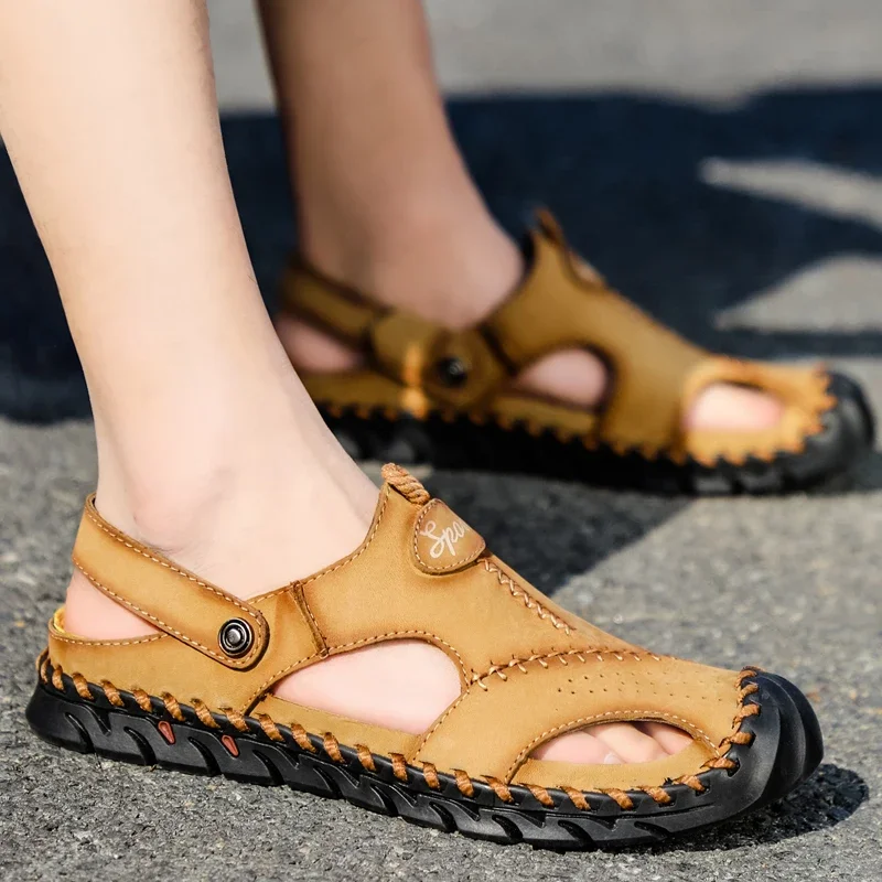 LETCOMFIT Handmade Cowhide Shoes Men Breath Casual Sneakers Comfort Durable Rubber Bottom Slip-On Summer Outdoor Hiking Sandals image 6
