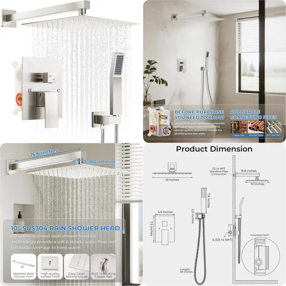 

Wall-Mounted 10 Inch Rain Shower System with Pressure Balance Valve, Brushed Nickel Finish, 2-Function Bathroom Shower Set