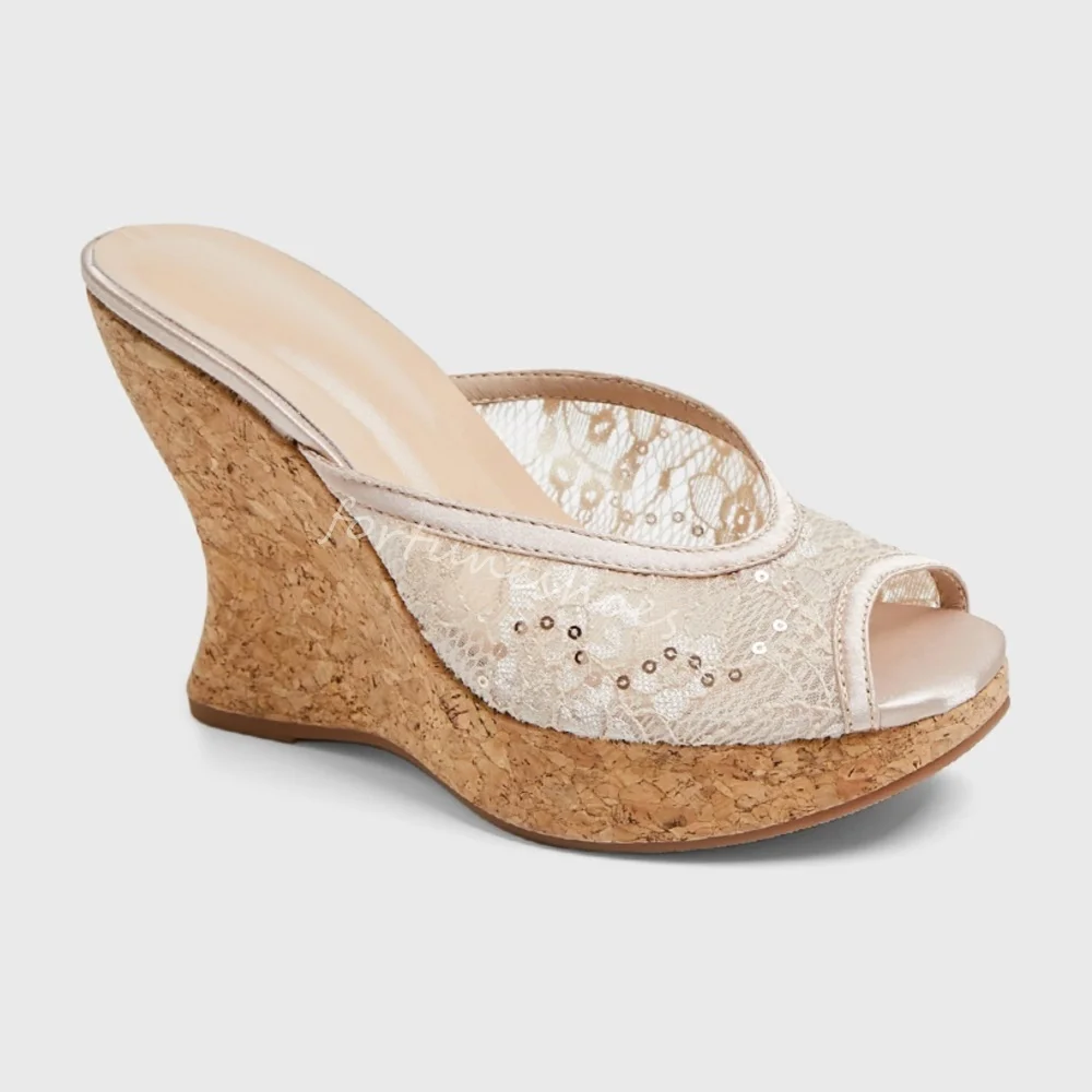 

Lace Leopard Wedge High Heels Women Sexy Peep Toe Shallow Slip On Outdoor Slippers 2025 Summer New Retro Platform Vacation Pumps