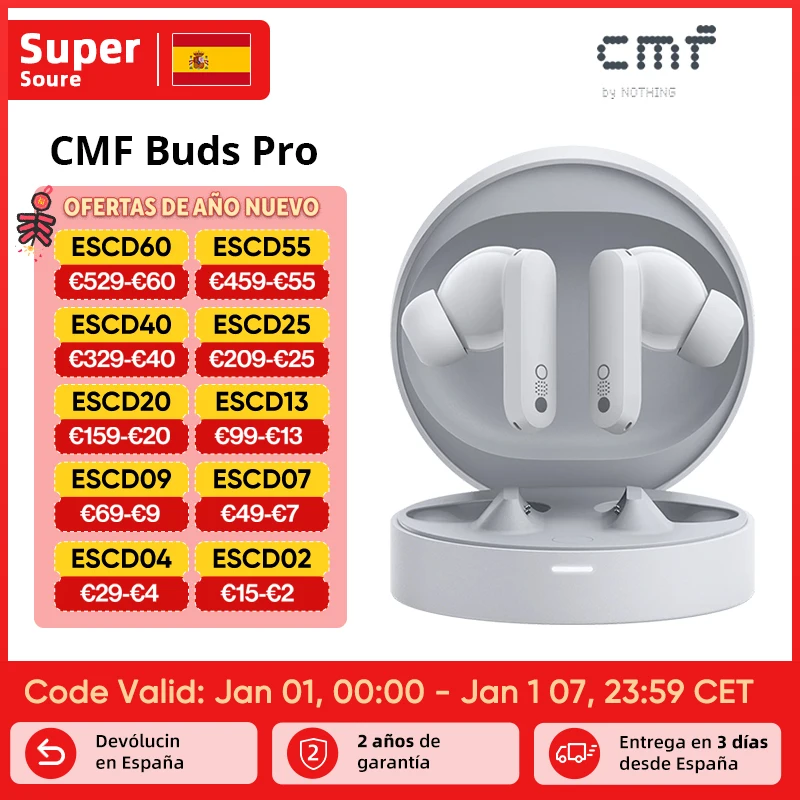 CMF Buds Pro versión Global, 45dB, hybird, ruido activo, 11 horas de música sin parada, tecnología de Ultra graves, buds Pro